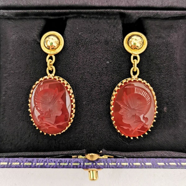 Vintage 14ct Gold Carnelian Intaglio Drop Earrings