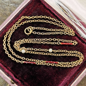 Antique 15ct Gold Enamel and Pearl 26&quot; Chain Necklace