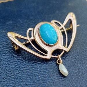 Art Nouveau 9ct Gold Turquoise and Pearl Brooch by Barnet Henry Joseph