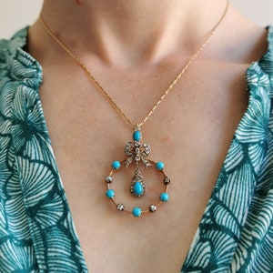 Edwardian 15ct Gold Turquoise and Diamond Bow Pendant