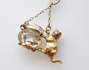 Vintage 9ct Gold Cat & Fish Bowl Pendant
