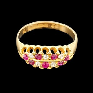 Edwardian 18ct Yellow Gold Ruby and Diamond Double Row Ring, Hallmarked 1906