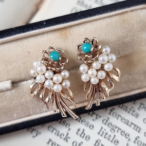Antique 9ct Gold Turquoise and Pearl Floral Stud Earrings
