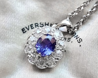 Hanger van 18 karaat witgoud met tanzaniet en diamanten (0,80 karaat) en een ketting van 9 karaat.