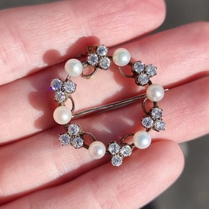 Antique 9ct Gold and Silver Diamond and Pearl Circle Brooch