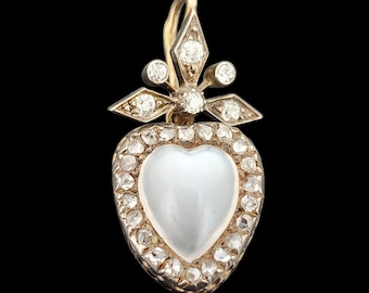 Antique 9ct Gold Moonstone and Diamond Heart Pendant