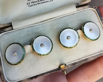 Art Deco Gold Mother of Pearl, Enamel & Diamond Cufflinks