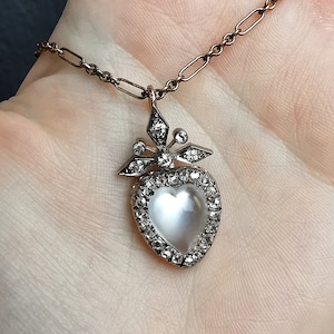 Antique 9ct Gold Moonstone and Diamond Heart Pendant