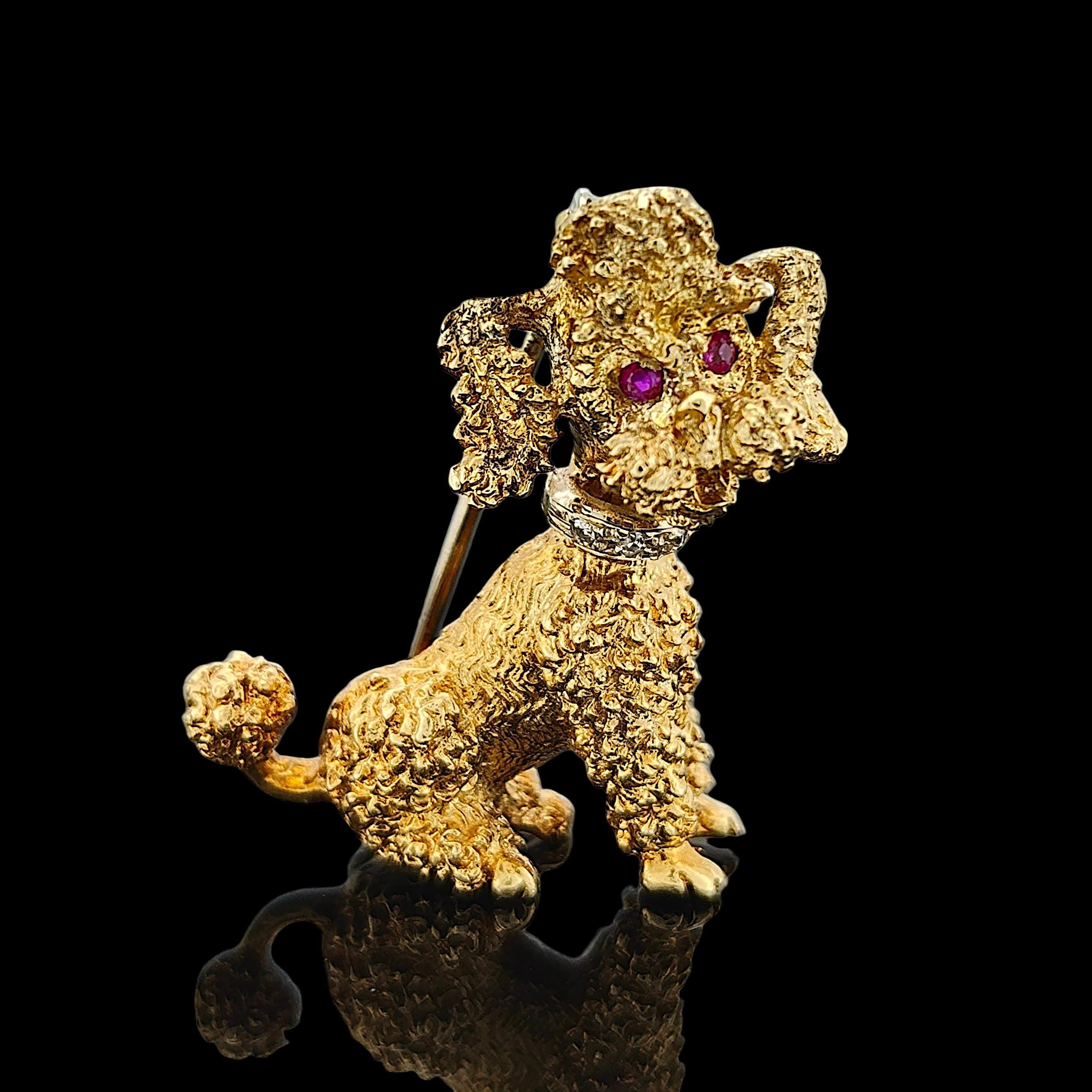 犬のポチ Vintage 18ct Yellow Gold Poodle Dog Brooch With Diamond Collar and