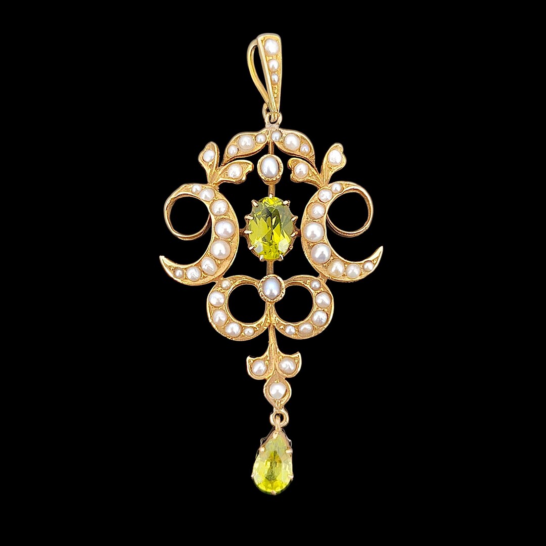 Antique Art Nouveau 9ct Yellow Gold Peridot and Pearl Pendant, Circa ...