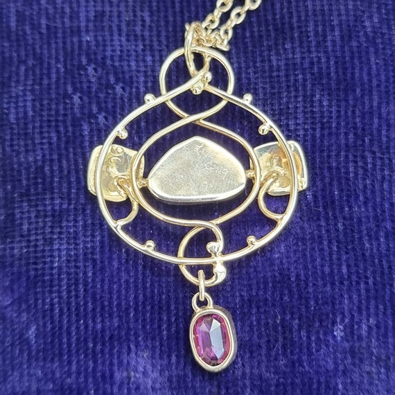 Art Nouveau 9ct Gold Garnet & Pearl Pendant Neckl… - image 8