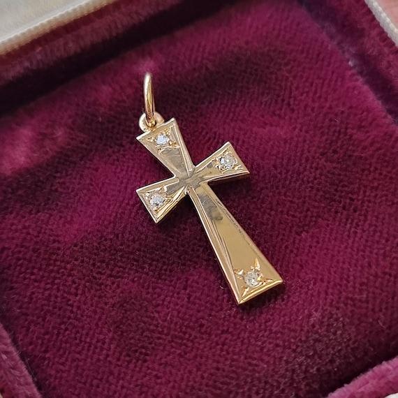 Vintage 9ct Gold Diamond Cross Pendant - image 1