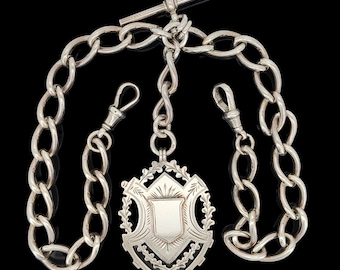 Edwardian Sterling Silver Albert Chain with Large Shield Fob, Birmingham 1903