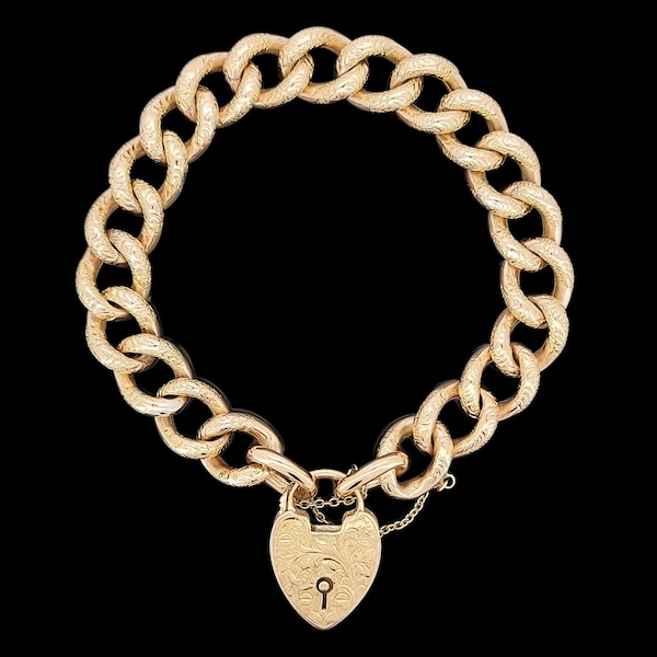 Edwardian 9 Karat Gelbgold Nacht / Tag Panzerglied Armband mit Herzschloss