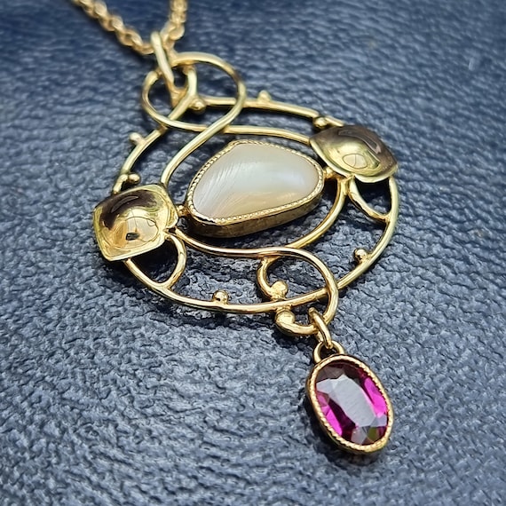 Art Nouveau 9ct Gold Garnet & Pearl Pendant Neckl… - image 3