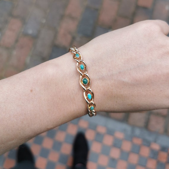 Edwardian 9ct Gold Turquoise Curb Bracelet with He