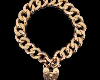 Antique 9ct Rose Gold Night/Day Curb Link Bracelet with Heart Padlock