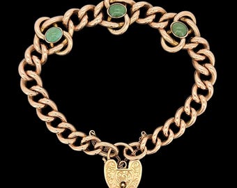 Antique 9ct Rose Gold Turquoise Curb Bracelet with Heart Padlock