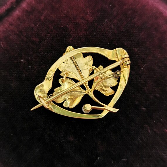 Art Nouveau 9ct Gold Enamel & Pearl Leaf Brooch - image 2
