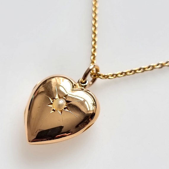 Antique 15ct Gold Pearl Heart Locket with Chain - image 1