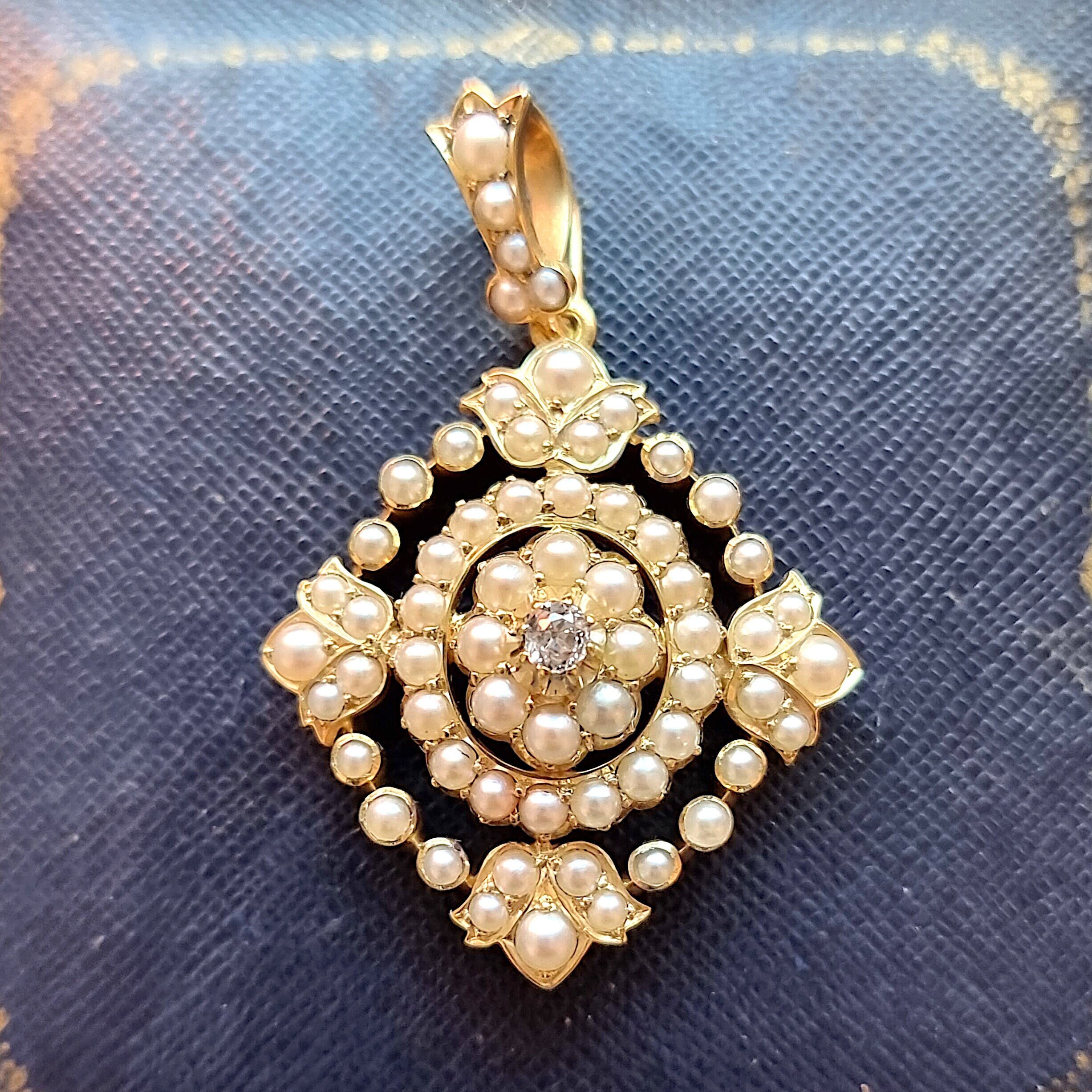 Victorian 15ct Yellow Gold Pearl and Diamond Pendant
