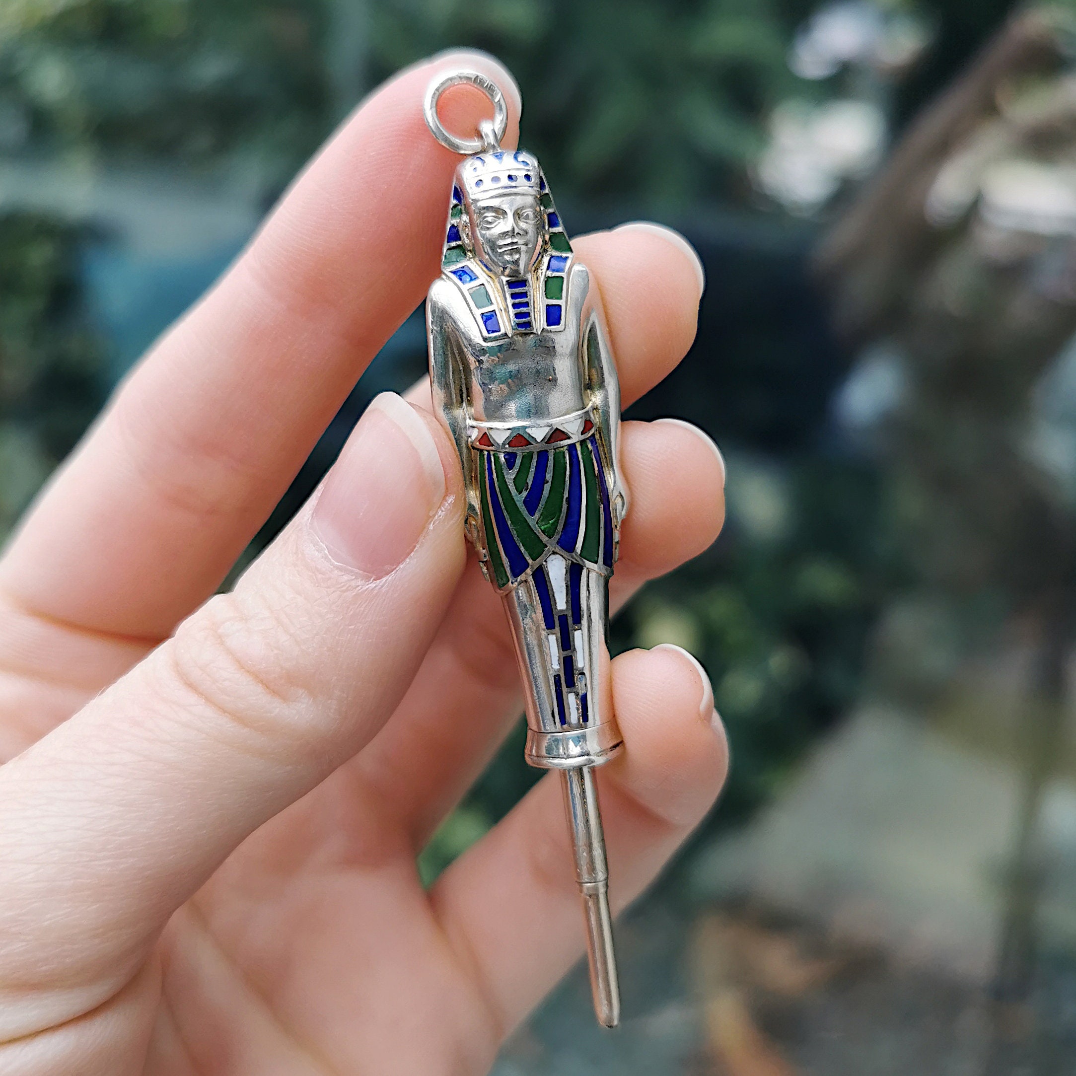 Egyptian Revival 800 Silver and Enamel Mechanical Pharaoh Pencil