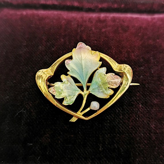 Art Nouveau 9ct Gold Enamel & Pearl Leaf Brooch - image 1