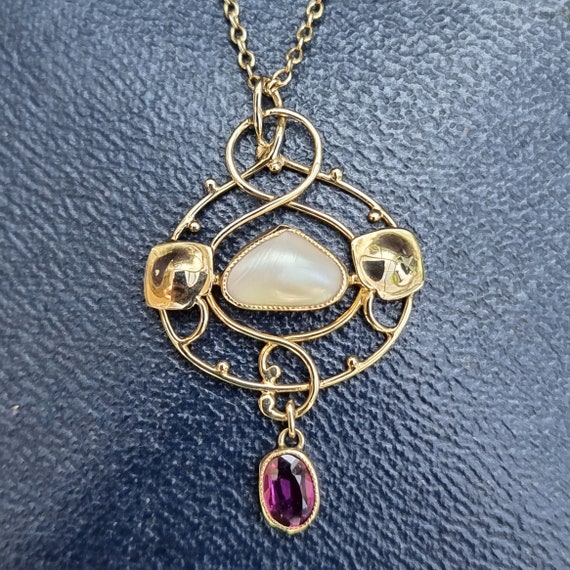 Art Nouveau 9ct Gold Garnet & Pearl Pendant Neckl… - image 2