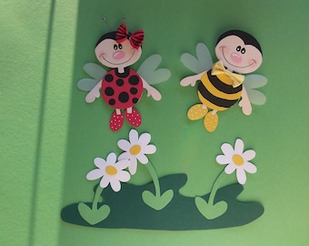 Quadro sulla finestra con ape e coccinella primaverili