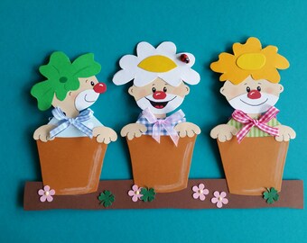 Window picture cardboard flowerpot clowns