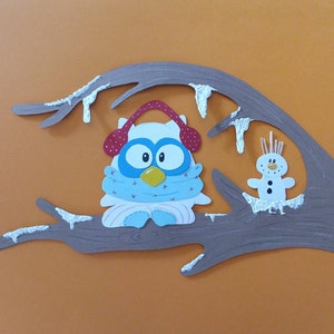 Fensterbild Tonkarton Eule und Schneemann