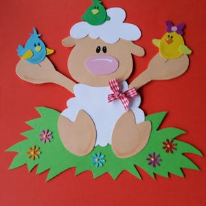 Fensterbild Tonkarton Schaf und Vogel