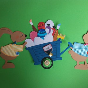 Fensterbild Tonkarton Osterszene Hasen Wagen