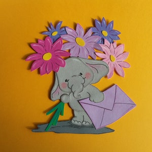 Éléphant en carton d'argile d'image de fenêtre avec des fleurs