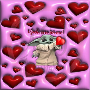 May include: A pink background with red hearts and a cartoon character holding a red heart. The character is wearing a brown coat and has green skin. The text "Yoda one for me!" is written in white letters on the pink background.