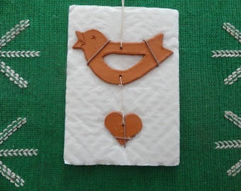 Bird with heart, ceramic pendant, mobile