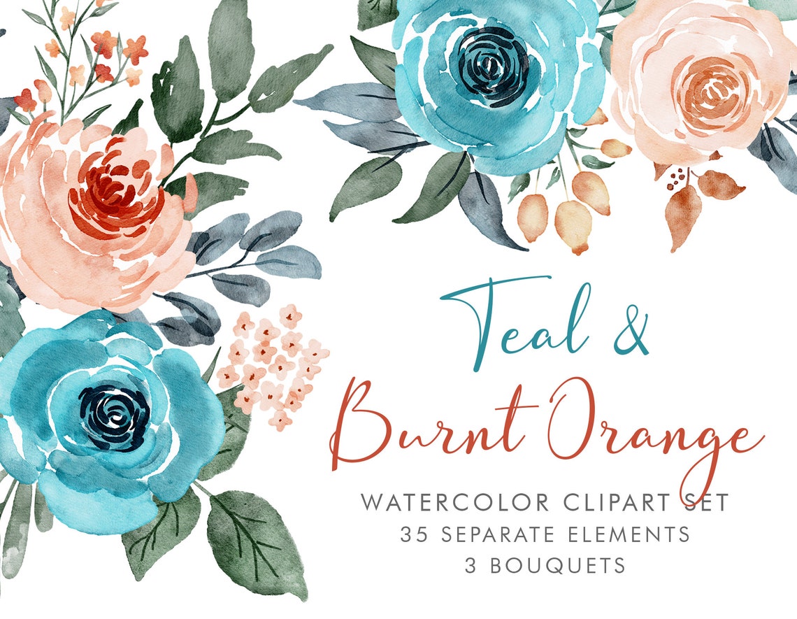 Teal and Burnt Orange Roses Watercolor Flowers Clipart Etsy
