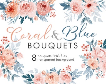 Coral Flowers Blue Leaves Watercolor Roses Clipart Commercial - Etsy