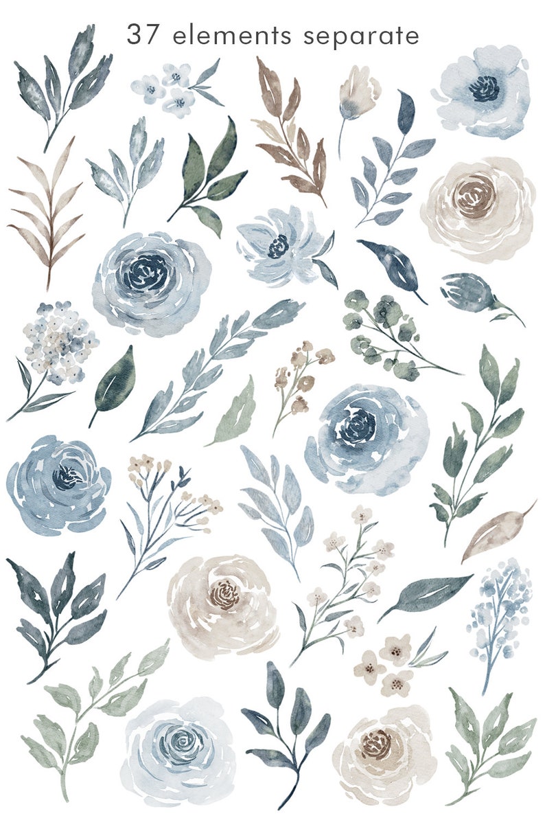 Dusty Blue Flowers watercolor roses clipart commercial use ...