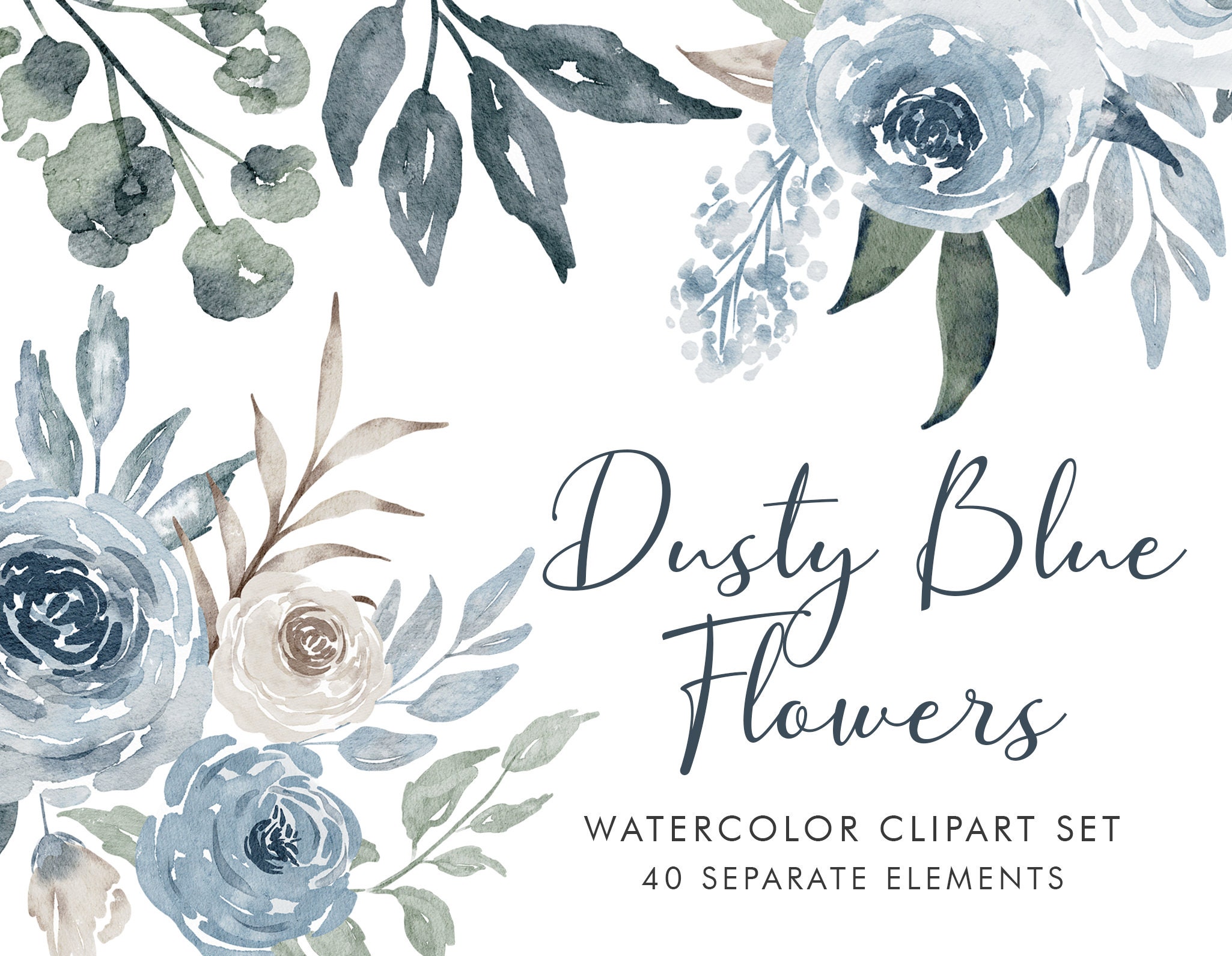 Watercolor Flowers Clipart Dusty Blue Pink Blush Dusty Rose 