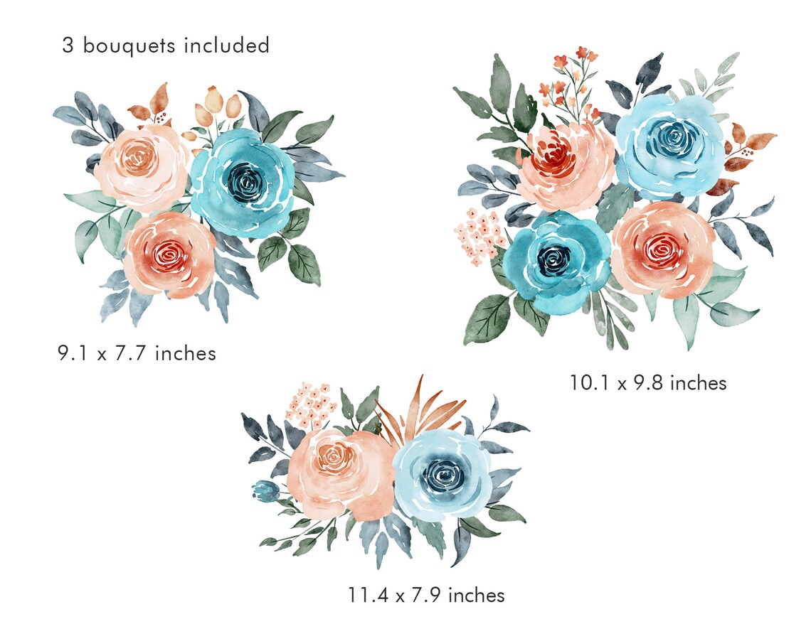 Teal and Burnt Orange Roses Watercolor Flowers Clipart Etsy
