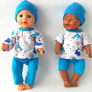 Doll clothes 43 cm, set of 3 pieces T-shirt, pants and beanie, ocean grey, suitable for dolls 40-45 cm