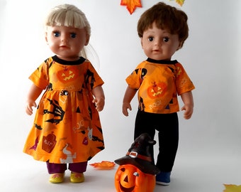 Puppenkleidung für Puppen Gr. 40-45 cm, Kleid oder T-Shirt gelb, Halloweenkürbis Hexenschloss Hexenhaus Geister Monster