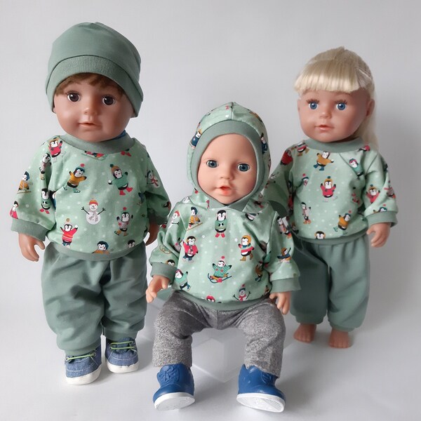 3-piece set "Penguins & Snowmen" consisting of sweater, pants and hat mint olive green, warm doll clothes for dolls 40-43 cm