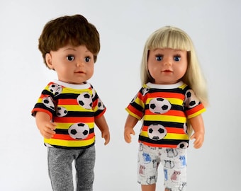 Ropa para muñecas, camisa para muñecas, camiseta de fútbol en negro, rojo y dorado para muñecas de 40-45 cm.