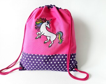 Einhorn, Sportbeutel mit Stickerei und Wunschnamen personalisiert (optional), Turnbeutel, pink/lila, Beutel verschließbar mit Tragekordeln