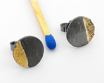 Stud earrings silver black rhodium plated with gold