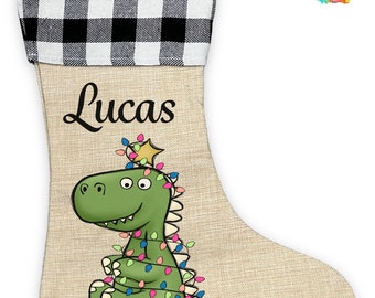 Personalized Christmas Stocking - Black Buffalo Plaid with adorable Tree Rex design!