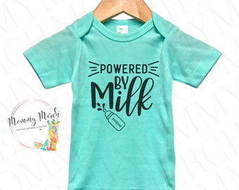 Powered by Milk Green Baby Bodysuit, birth announcement, newborn outfit, baby girl gift, infant boy clothes, custom onesies, gender reveal