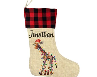 Personalized Christmas Stocking with Festive Giraffe wrapped in lights design, added custom name on Red buffalo plaid.